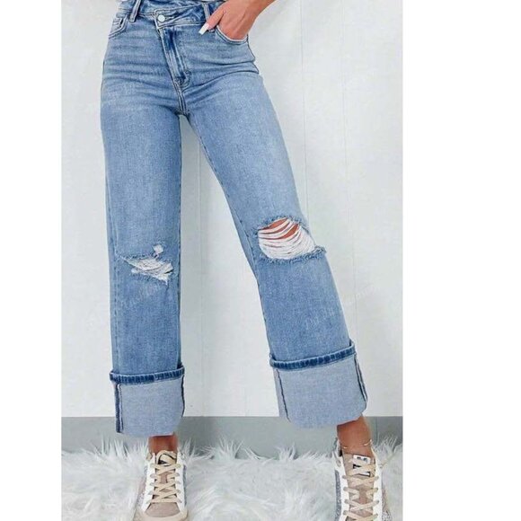 SHEIN Blue Distressed Wide Leg Jeans - Picture 1 of 5